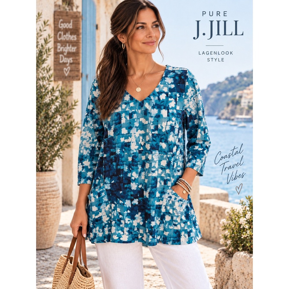 Pure J. Jill Blue Abstract Grid V-Neck Tunic Top Lagenlook Cotton Modal Size M